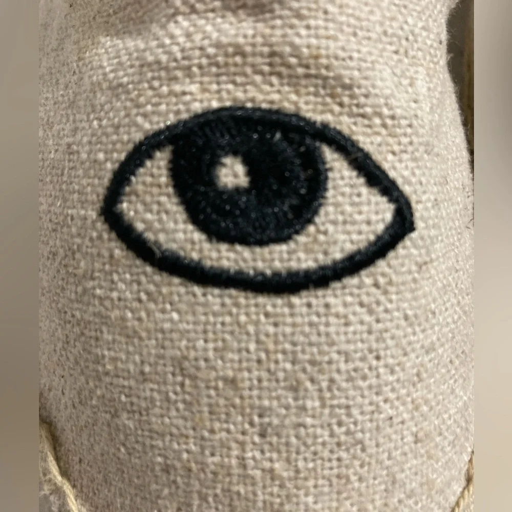 Soludos Beige Espadrille Slippers with Black Eye Embroidery